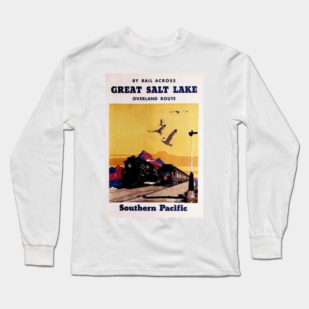 By Rail Across Great Salt Lake Overland Route Utah America USA Vintage Rail Long Sleeve T-Shirt by vintageposters